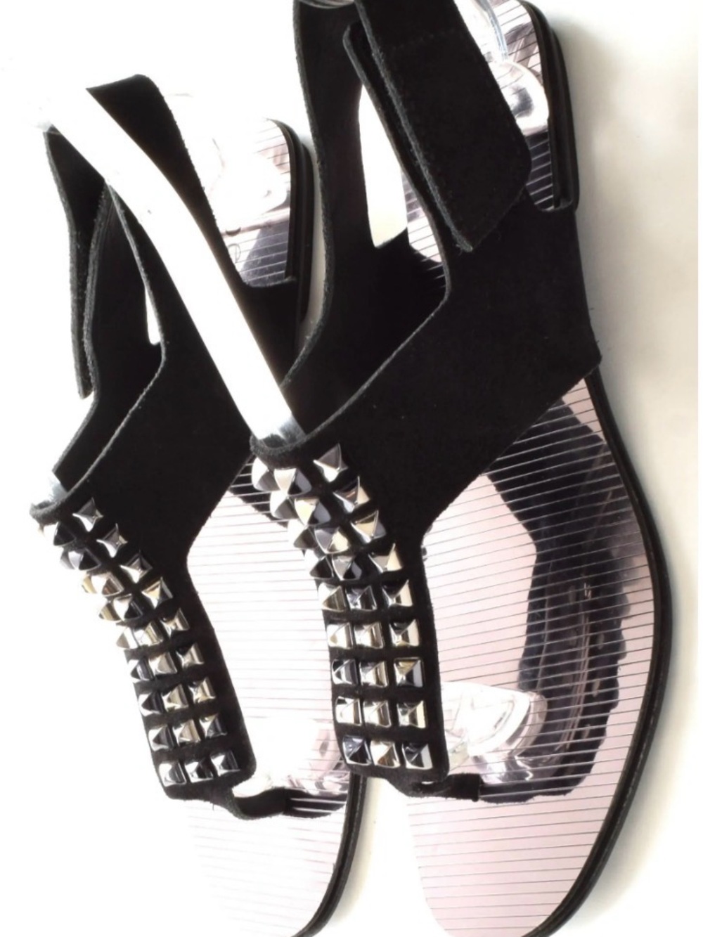 Pedro Garcia Black Studded T-Strap Sandals with Silver Footbed